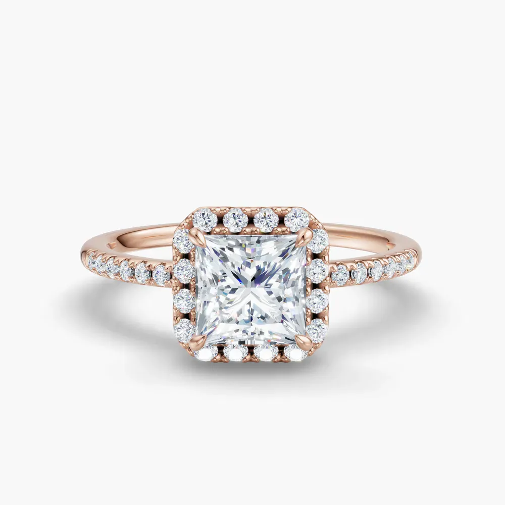 Certified 1 carat Lab Grown Diamond Princess Cut Halo, Pavé, Classic Engagement Ring in 14K Rose Gold-Elite Vaelumette