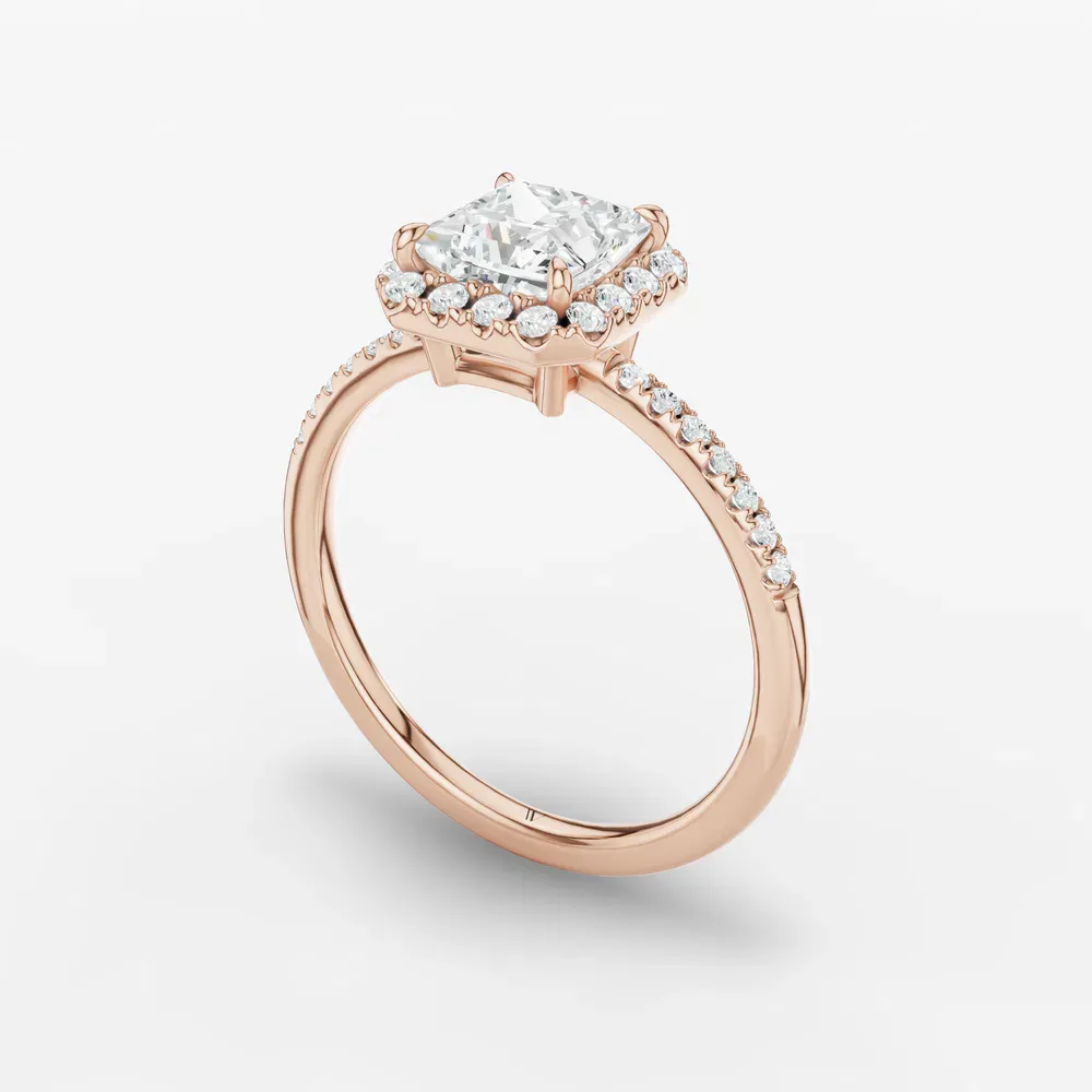 Certified 1 carat Lab Grown Diamond Princess Cut Halo, Pavé, Classic Engagement Ring in 14K Rose Gold-Elite Vaelumette