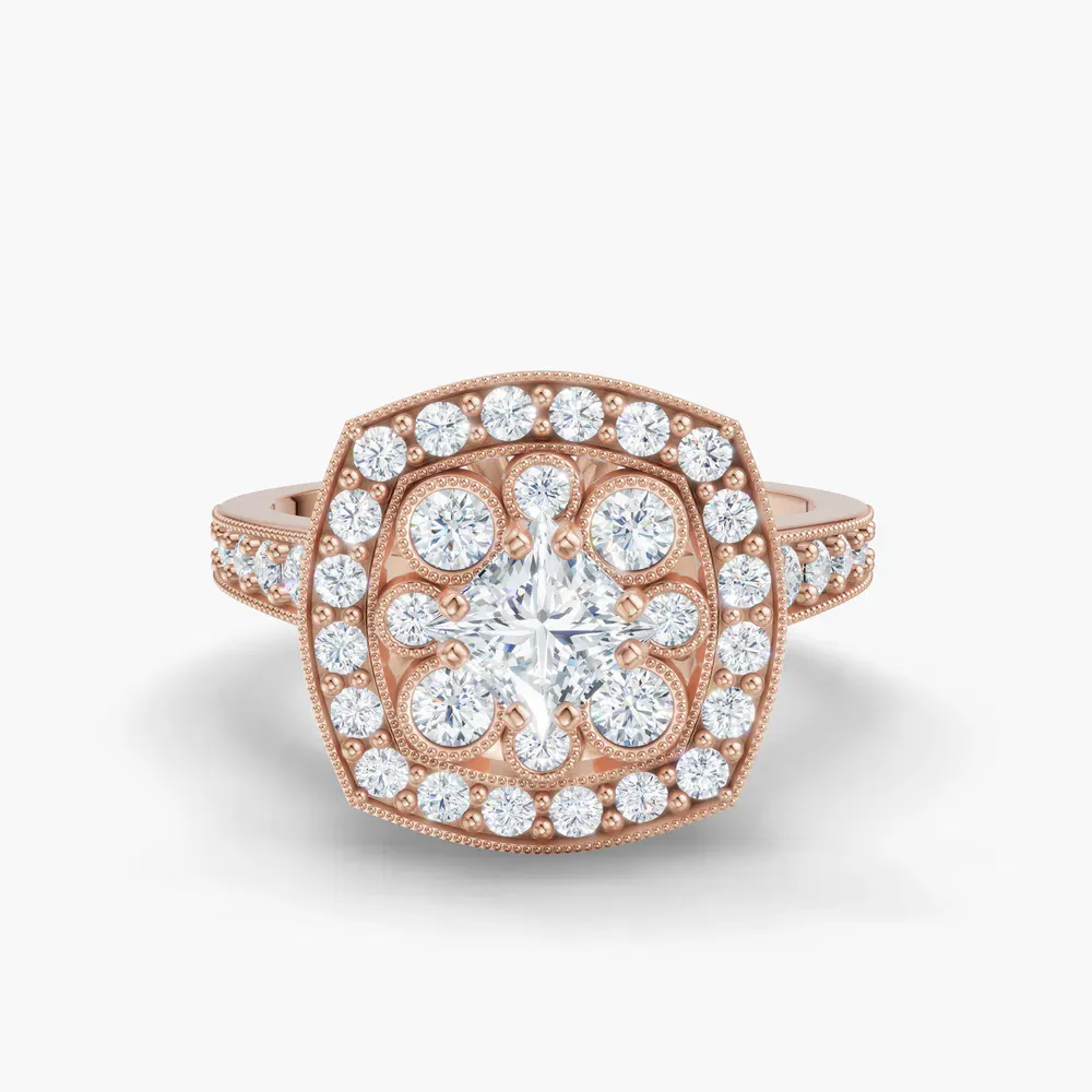 Certified 0.5 carat Lab Grown Diamond Princess Cut Vintage, Double halo, Cluster Engagement Ring in 14K Rose Gold-Isolde