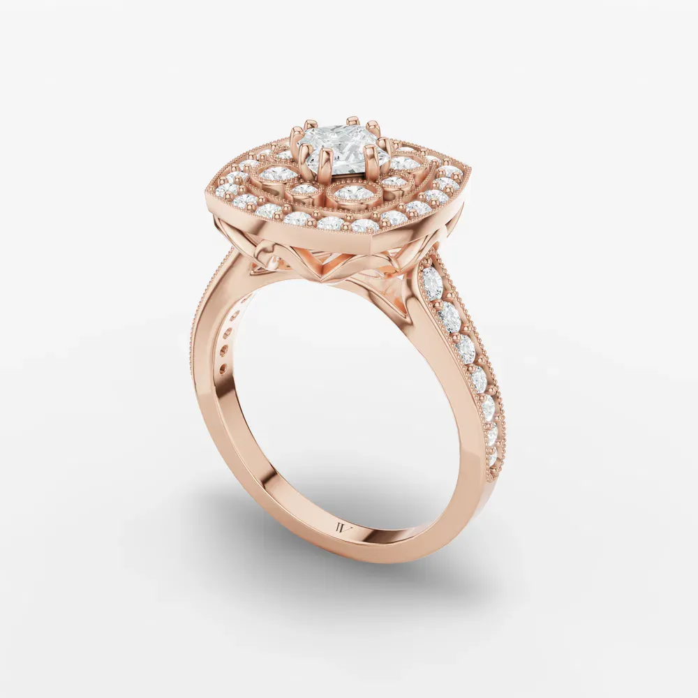 Certified 0.5 carat Lab Grown Diamond Princess Cut Vintage, Double halo, Cluster Engagement Ring in 14K Rose Gold-Isolde