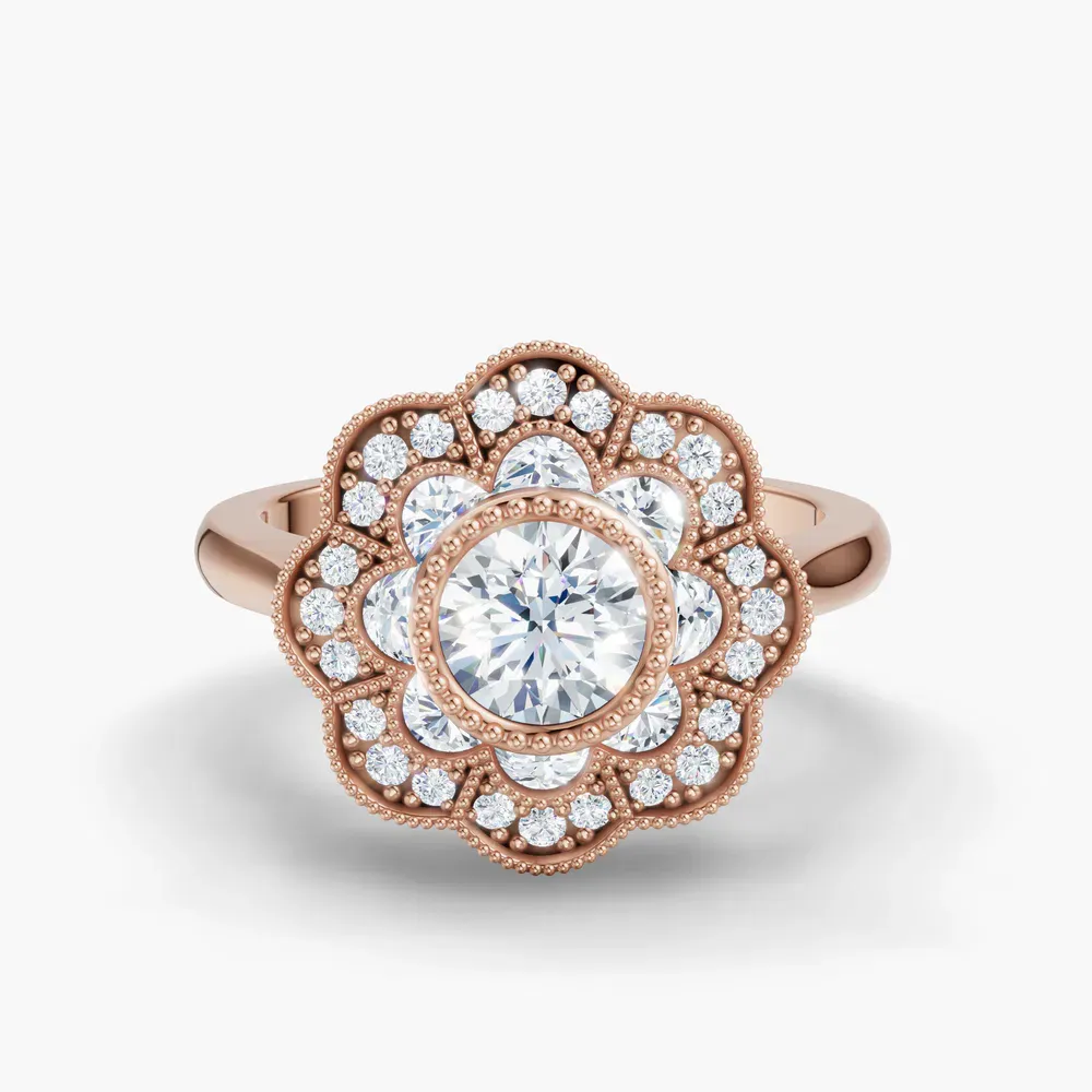 Certified 0.5 carat Lab Grown Diamond Round Cut Floral, Art Deco, Milgrain Engagement Ring in 14K Rose Gold-Novaen