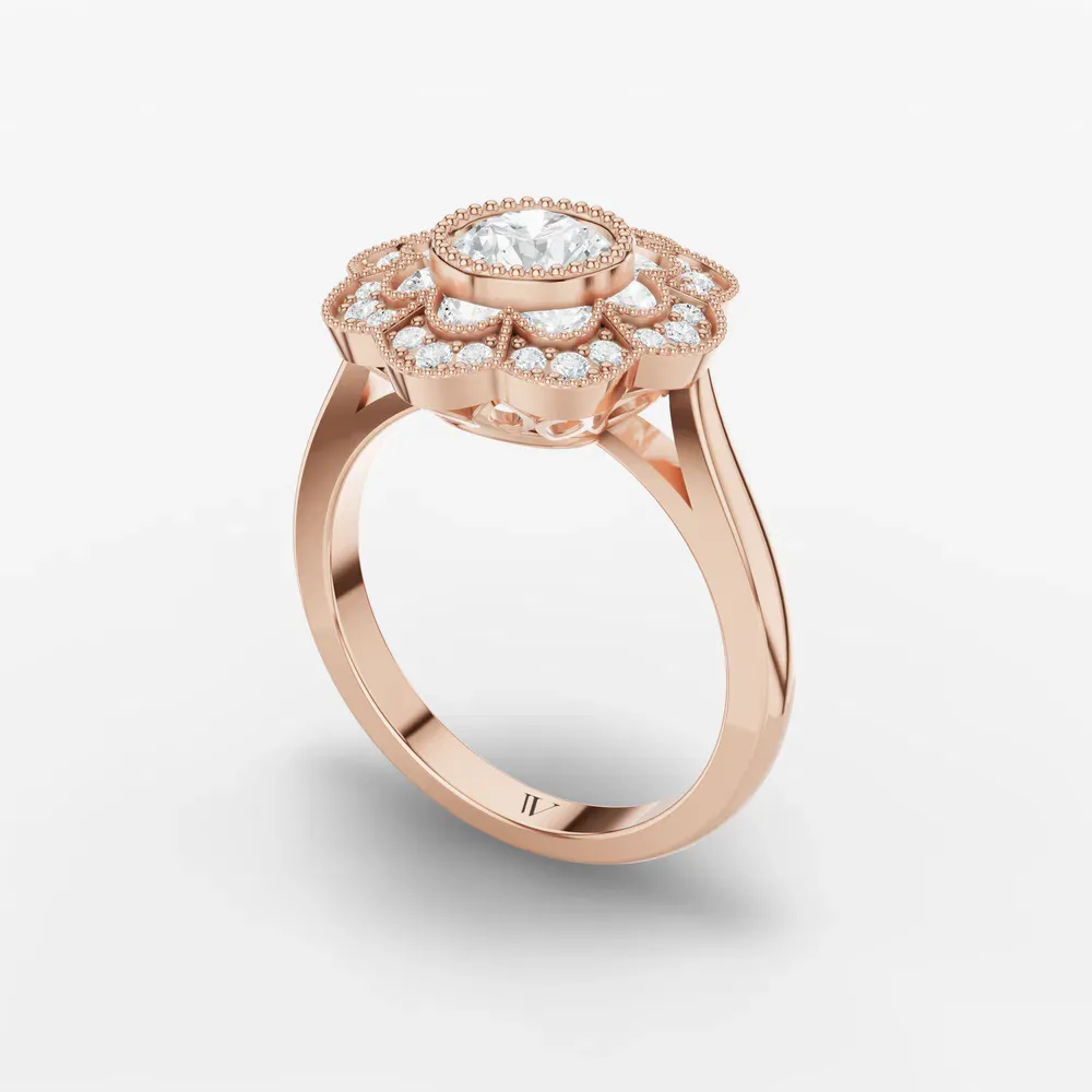 Certified 0.5 carat Lab Grown Diamond Round Cut Floral, Art Deco, Milgrain Engagement Ring in 14K Rose Gold-Novaen