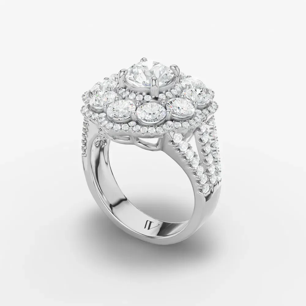 Certified 1 carat Lab Grown Diamond Round Cut Floral, Cluster, Split Shank Engagement Ring in 14K White Gold-Moss
