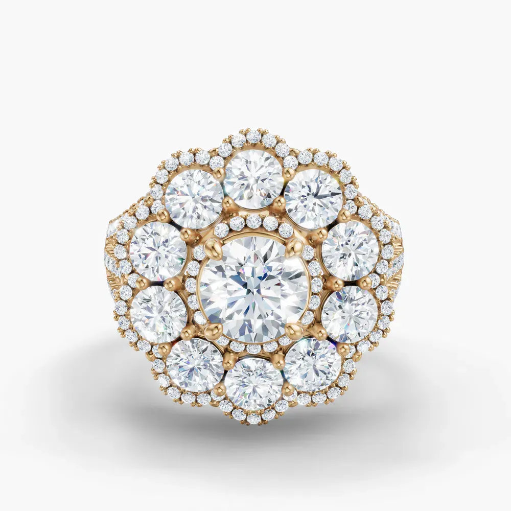 Certified 1 carat Lab Grown Diamond Round Cut Floral, Cluster, Split Shank Engagement Ring in 14K Yellow Gold-Moss