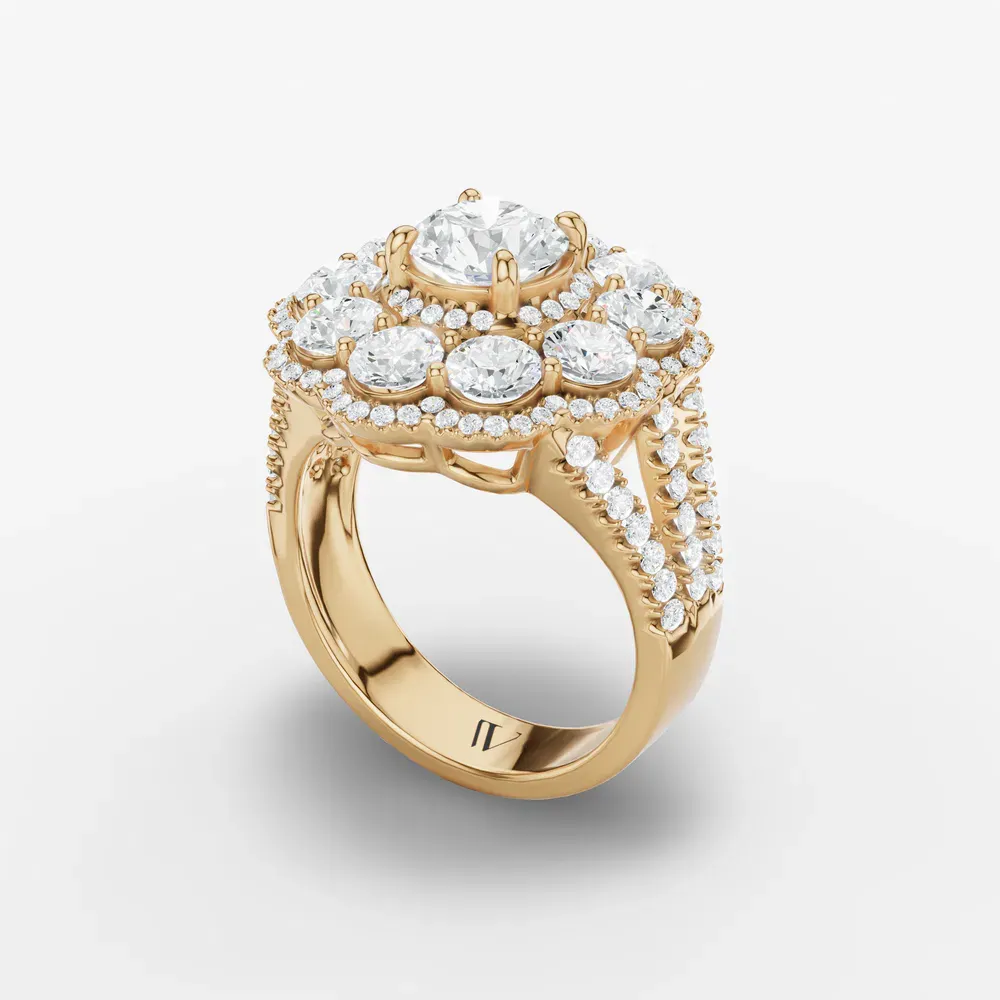 Certified 1 carat Lab Grown Diamond Round Cut Floral, Cluster, Split Shank Engagement Ring in 14K Yellow Gold-Moss
