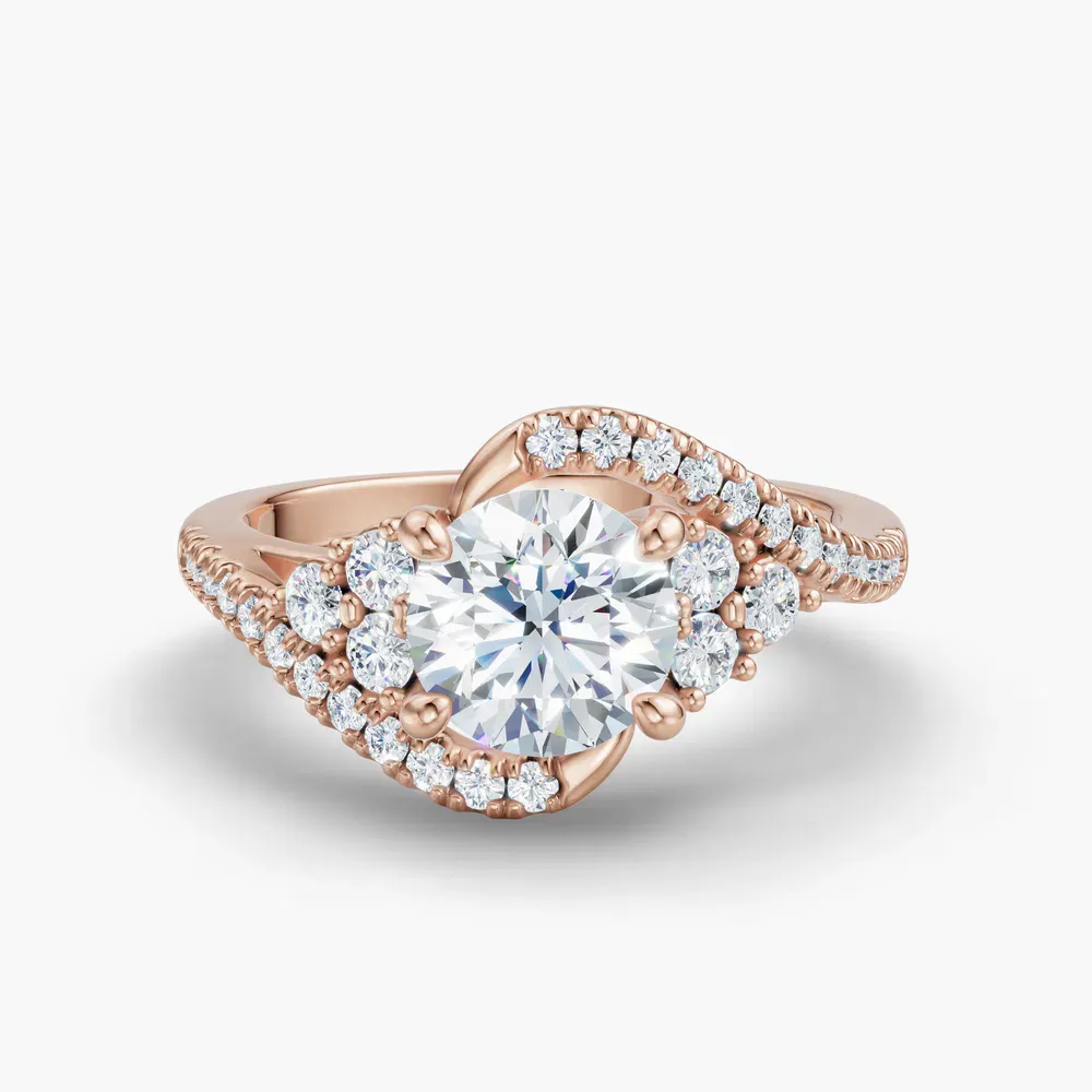 Certified 1 carat Lab Grown Diamond Round Cut Cluster, Side Stone, Four Prong Engagement Ring in 14K Rose Gold-Yixelo