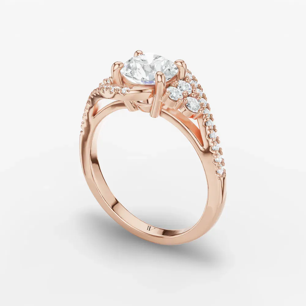 Certified 1 carat Lab Grown Diamond Round Cut Cluster, Side Stone, Four Prong Engagement Ring in 14K Rose Gold-Yixelo
