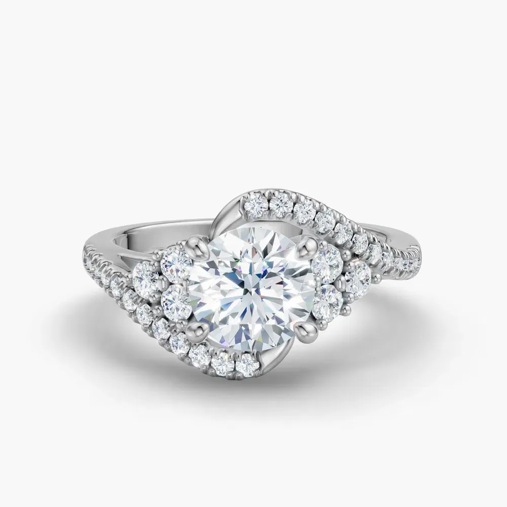Certified 1 carat Lab Grown Diamond Round Cut Cluster, Side Stone, Four Prong Engagement Ring in 14K White Gold-Yixelo
