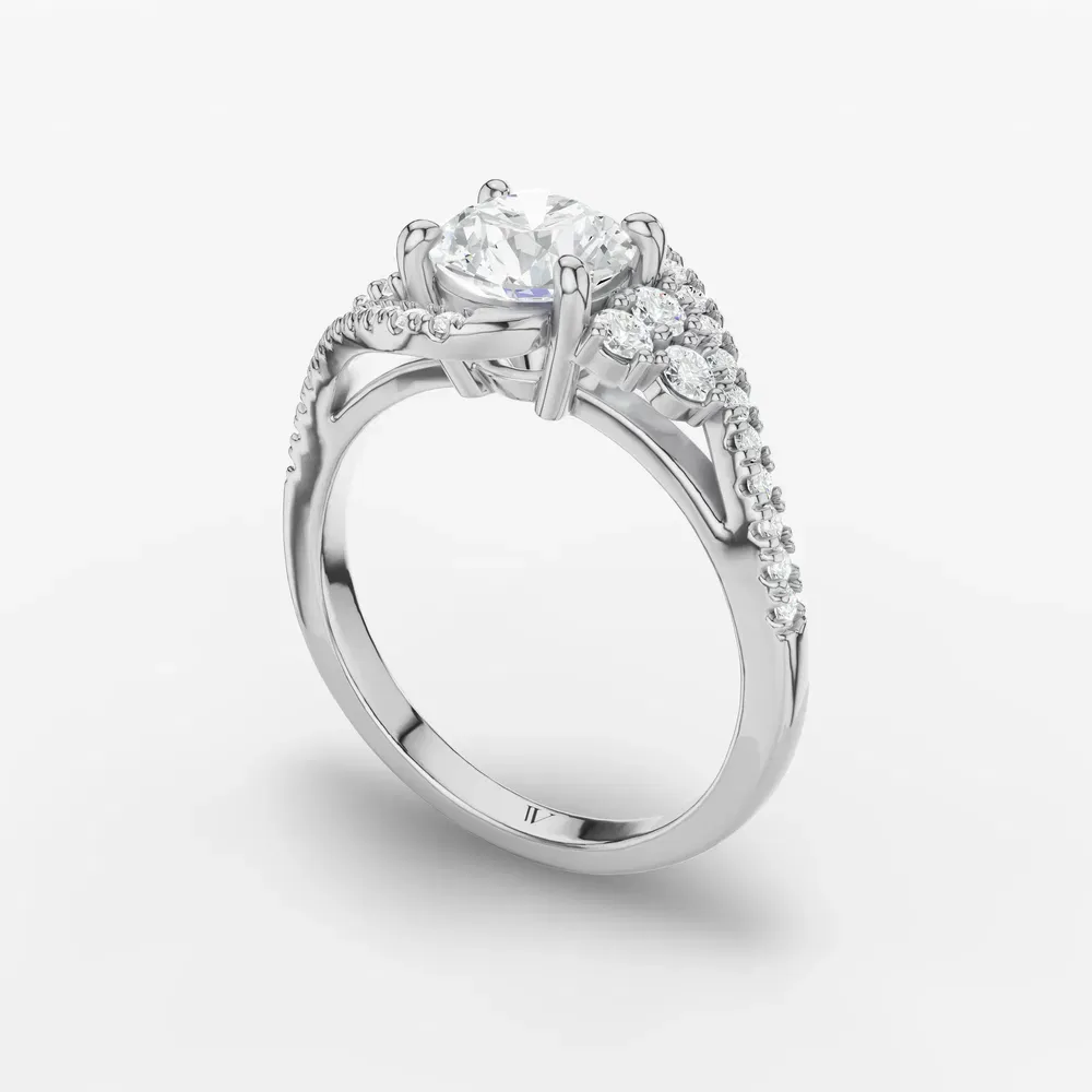 Certified 1 carat Lab Grown Diamond Round Cut Cluster, Side Stone, Four Prong Engagement Ring in 14K White Gold-Yixelo