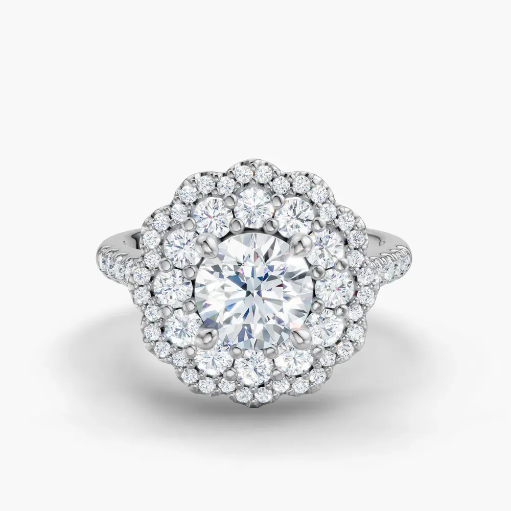 Certified 1 carat Lab Grown Diamond Round Cut Double halo, Cathedral, Nature inspired Engagement Ring in 14K White Gold-Hiveli