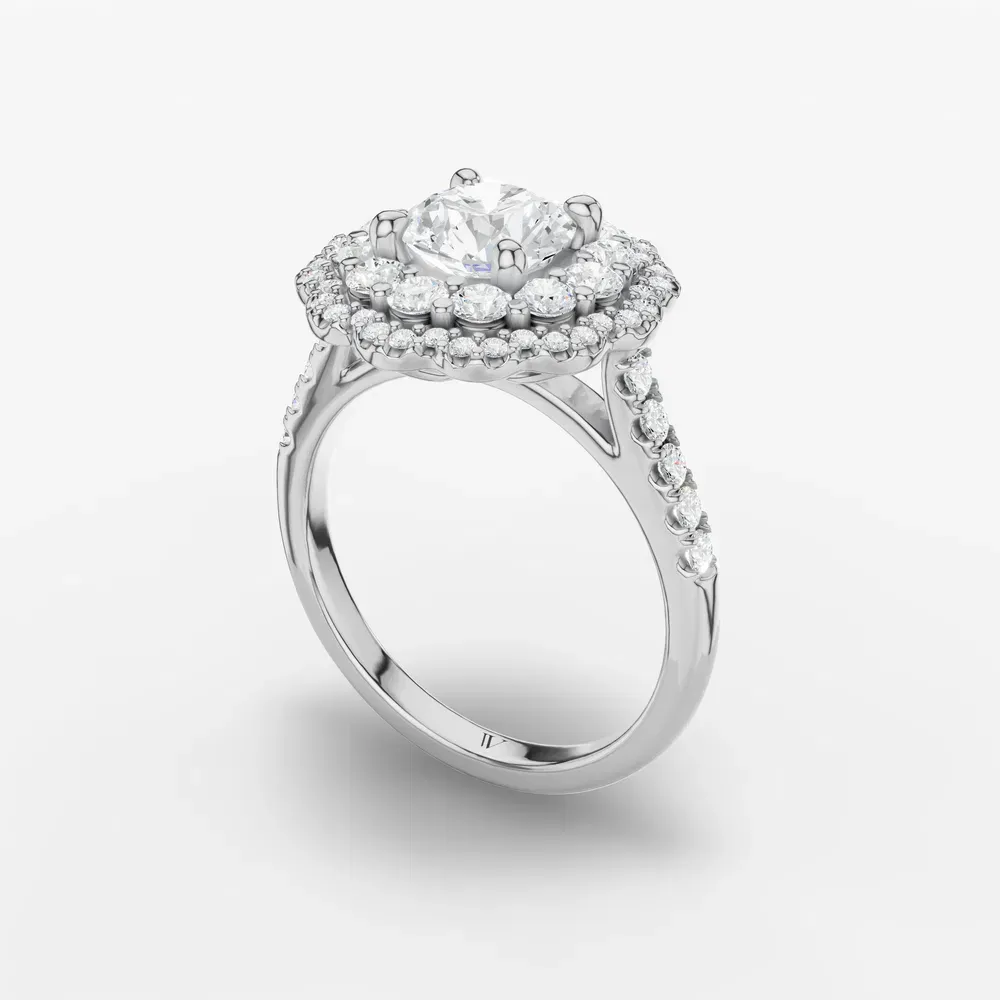 Certified 1 carat Lab Grown Diamond Round Cut Double halo, Cathedral, Nature inspired Engagement Ring in 14K White Gold-Hiveli