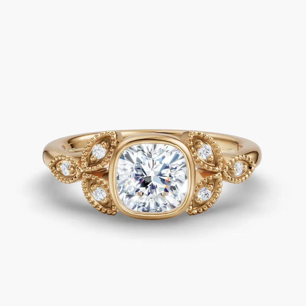 Certified 1 carat Lab Grown Diamond Cushion Cut Vintage, Bezel, Nature inspired Engagement Ring in 14K Yellow Gold-Laurel