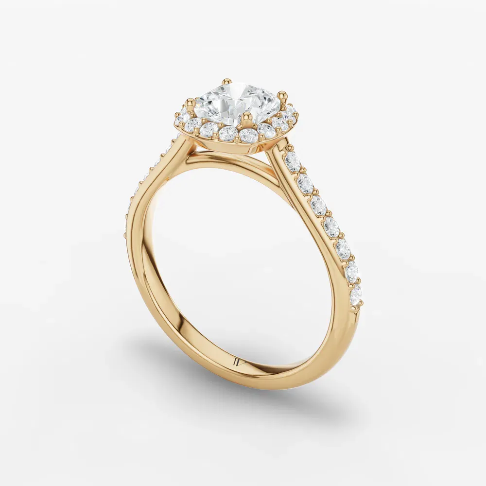 Certified 1 carat Lab Grown Diamond Cushion Cut Pavé, Halo, Cathedral Engagement Ring in 14K Yellow Gold-Kvolt