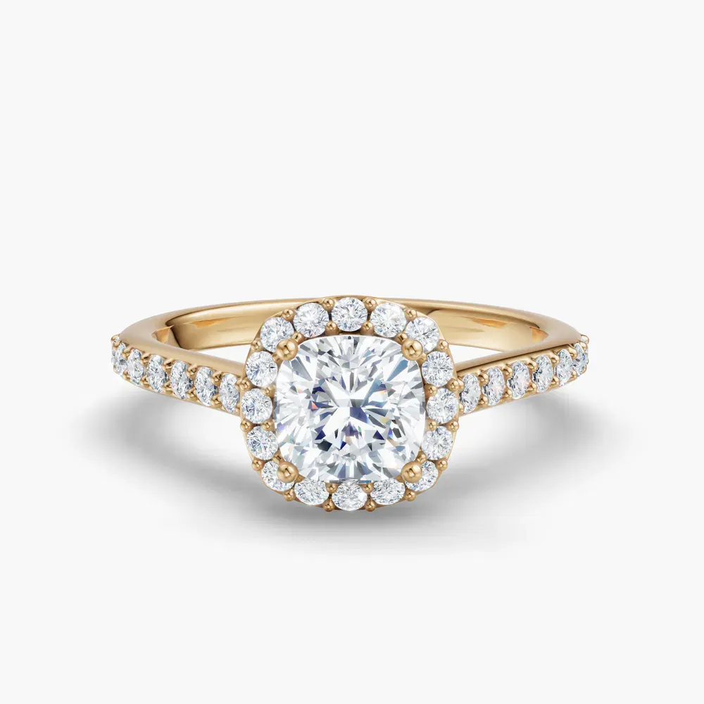 Certified 1 carat Lab Grown Diamond Cushion Cut Pavé, Halo, Cathedral Engagement Ring in 14K Yellow Gold-Kvolt