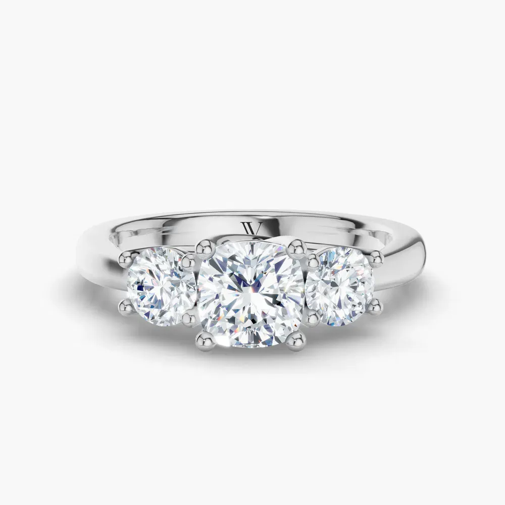 Certified 1 carat Lab Grown Diamond Cushion Cut Three Stone, Side Stone, Low profile Engagement Ring in 14K White Gold-Valeri