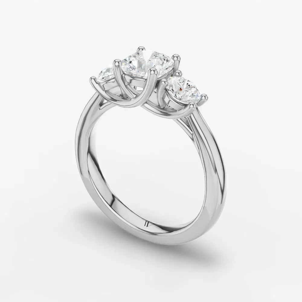 Certified 1 carat Lab Grown Diamond Cushion Cut Three Stone, Side Stone, Low profile Engagement Ring in 14K White Gold-Valeri