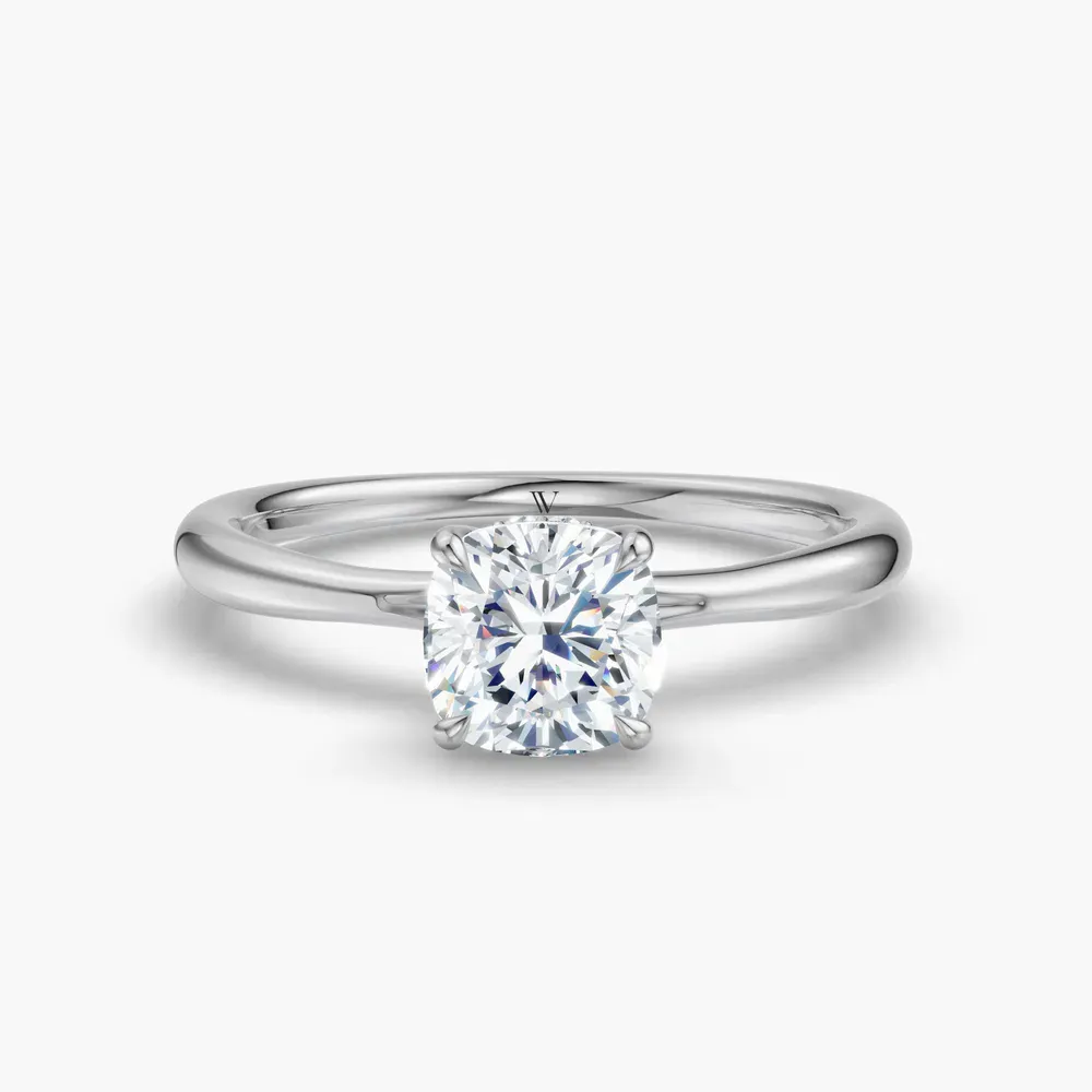 Certified 1 carat Lab Grown Diamond Cushion Cut Hidden Halo, Solitaire, Low profile Engagement Ring in 14K White Gold-Anomis