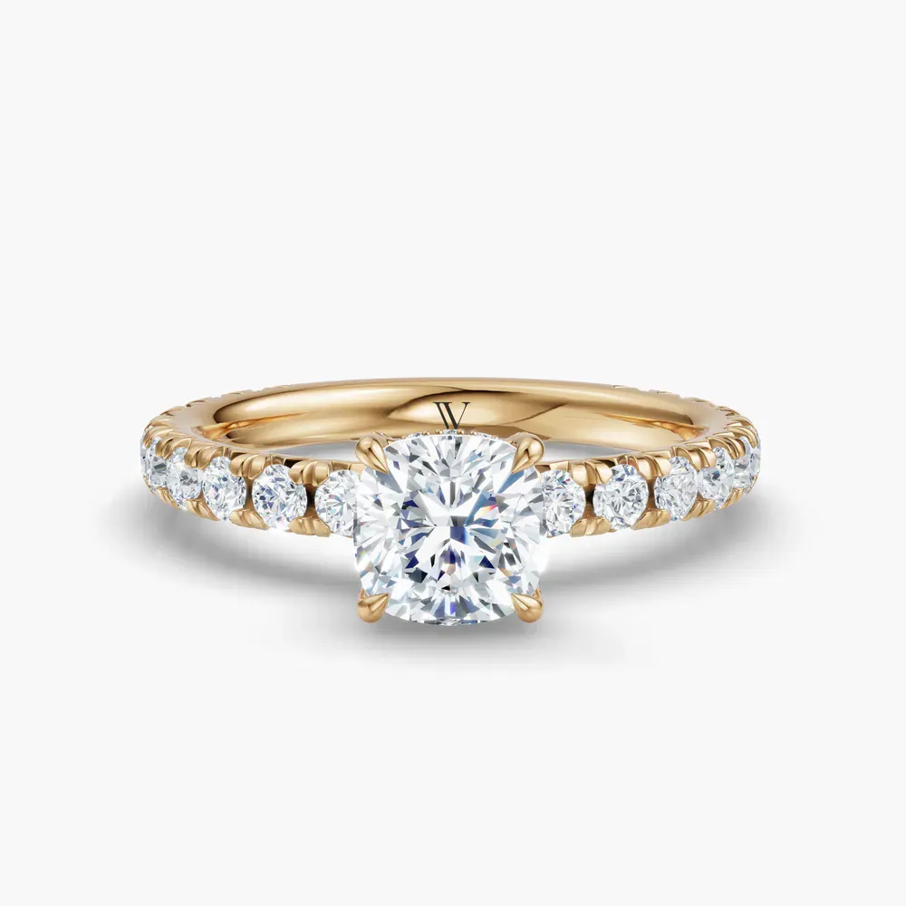 Certified 1 carat Lab Grown Diamond Cushion Cut Pavé, Hidden Halo, Low profile Engagement Ring in 14K Yellow Gold-Cyrra