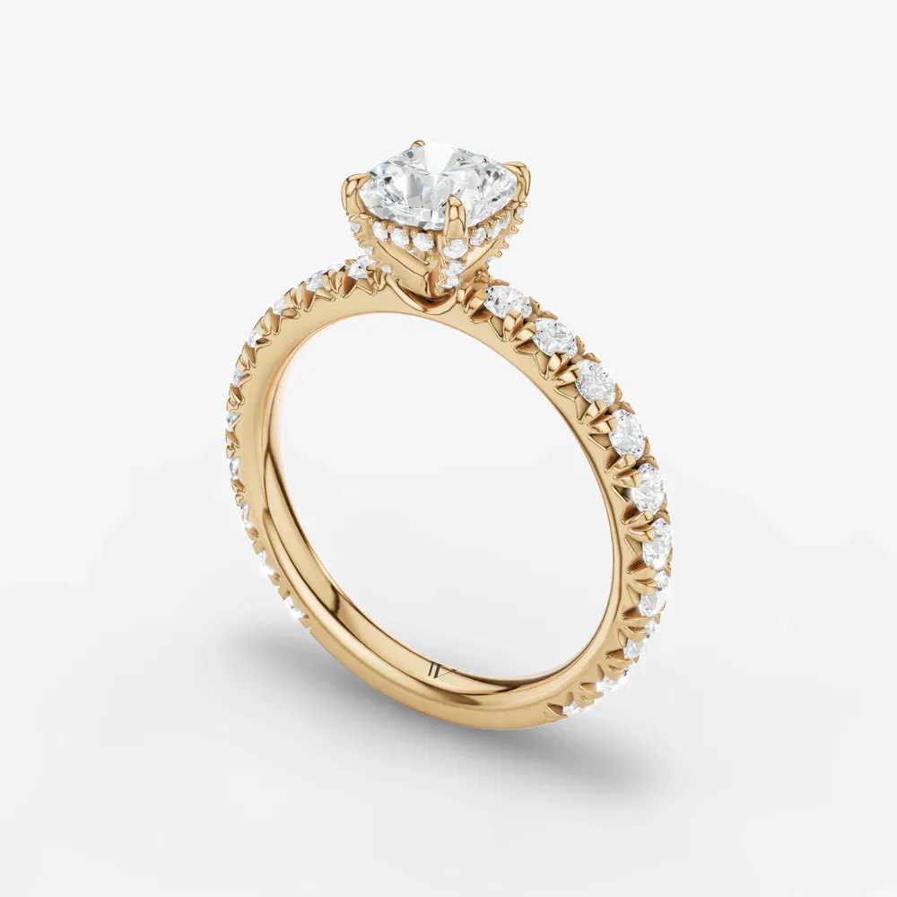 Certified 1 carat Lab Grown Diamond Cushion Cut Pavé, Hidden Halo, Low profile Engagement Ring in 14K Yellow Gold-Cyrra