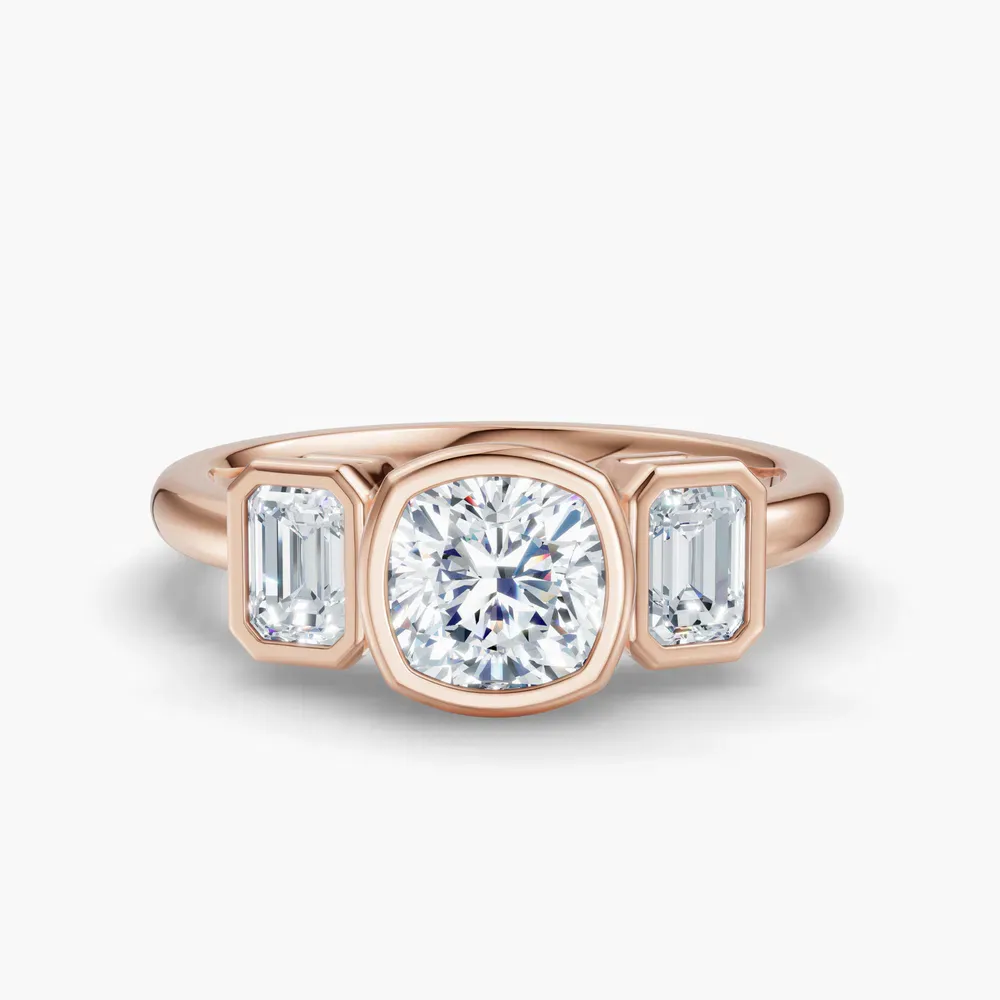 Certified 1 carat Lab Grown Diamond Cushion Cut Three Stone, Bezel, Low profile Engagement Ring in 14K Rose Gold-Elix