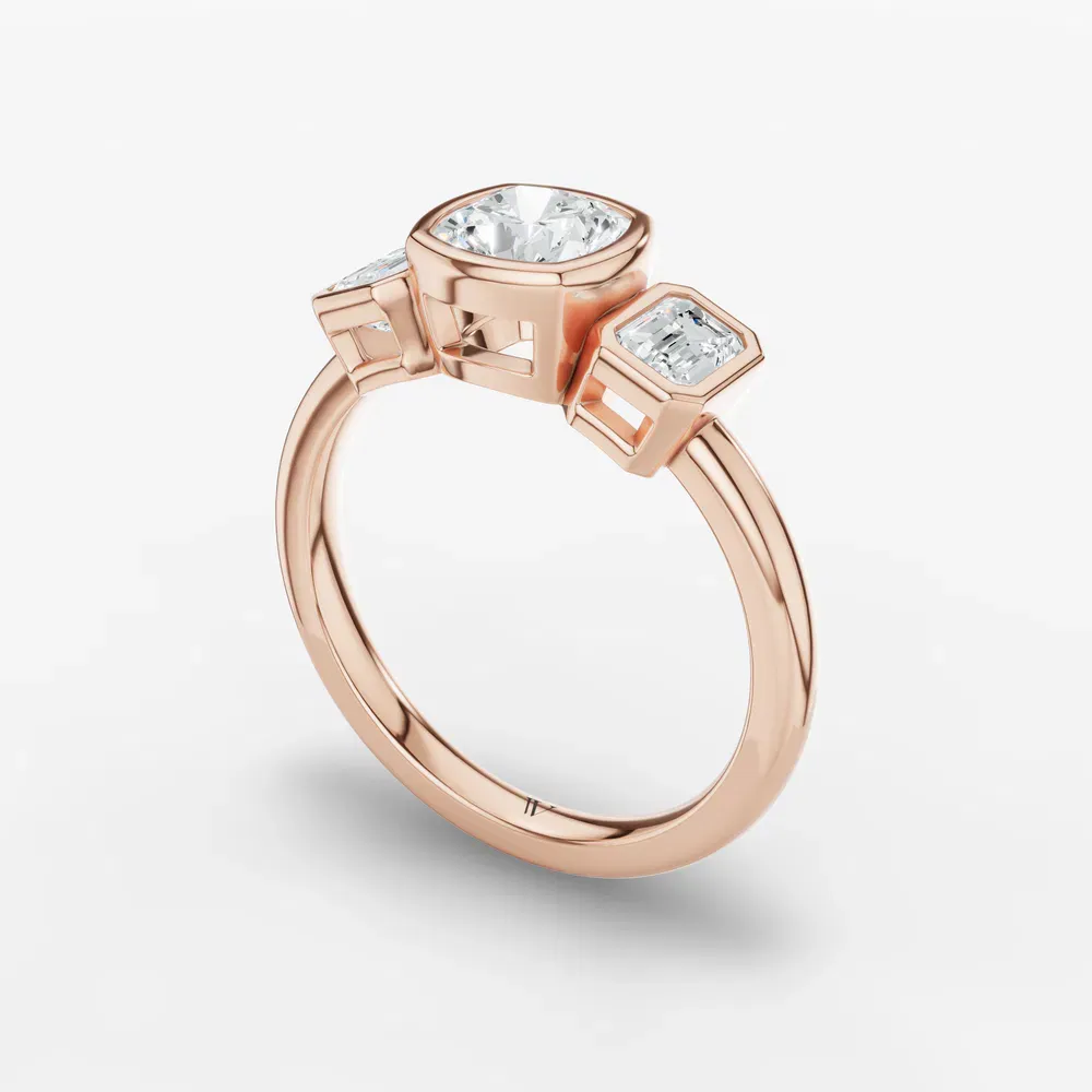 Certified 1 carat Lab Grown Diamond Cushion Cut Three Stone, Bezel, Low profile Engagement Ring in 14K Rose Gold-Elix