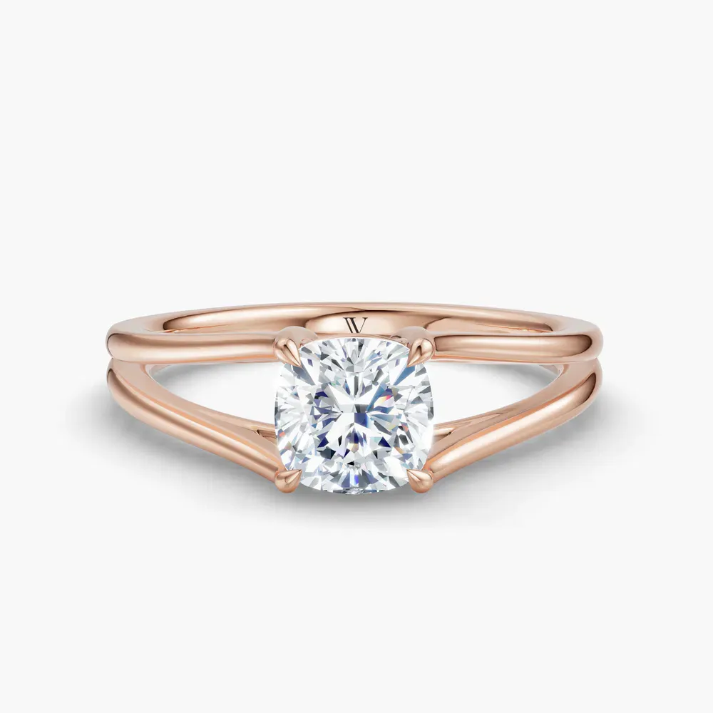 Certified 1 carat Lab Grown Diamond Cushion Cut Split Shank, Solitaire, Low profile Engagement Ring in 14K Rose Gold-Wraith