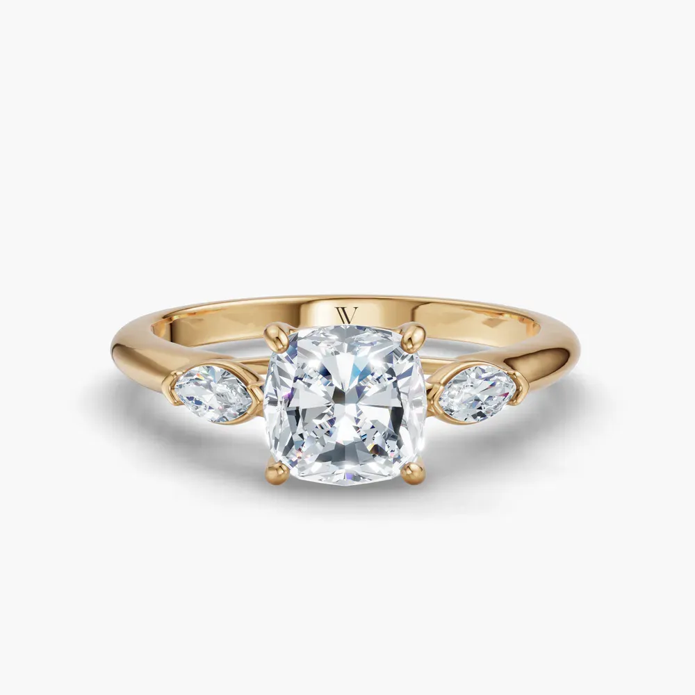 Certified 1 carat Lab Grown Diamond Cushion Cut Three Stone, Side Stone Engagement Ring in 14K Yellow Gold-Glow