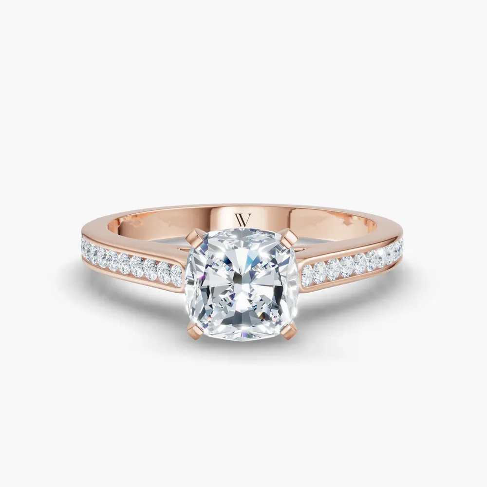 Certified 1 carat Lab Grown Diamond Cushion Cut Cathedral, Channel Set Engagement Ring in 14K Rose Gold-Velora