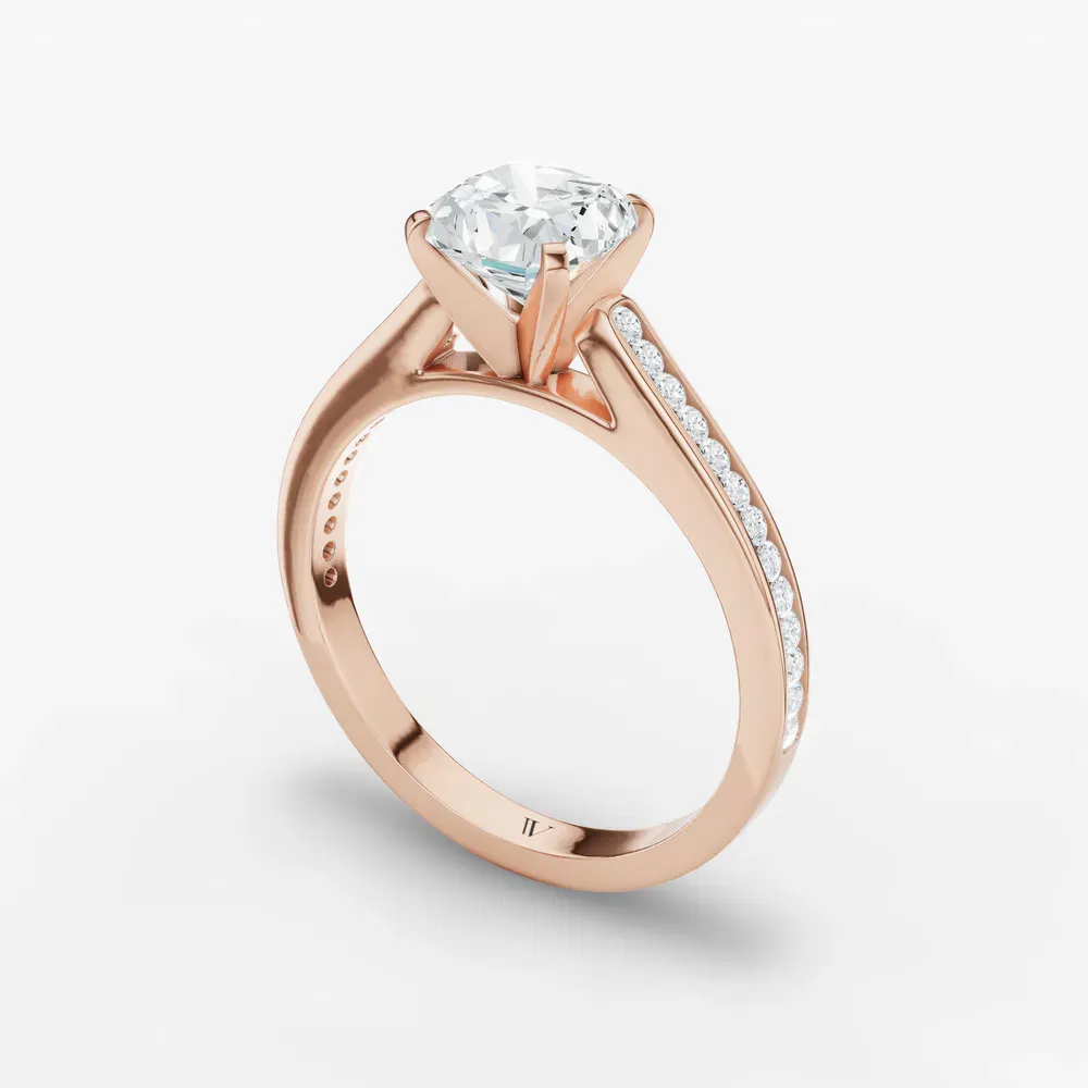 Certified 1 carat Lab Grown Diamond Cushion Cut Cathedral, Channel Set Engagement Ring in 14K Rose Gold-Velora