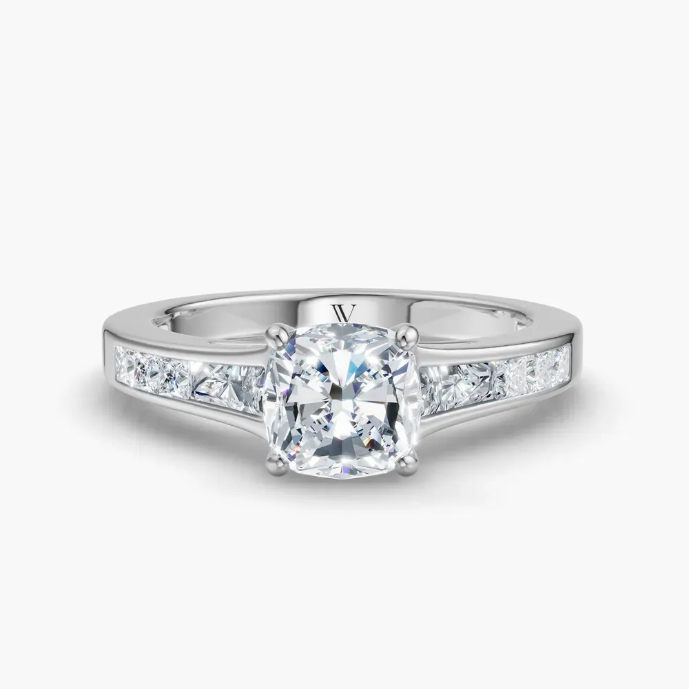 Certified 1 carat Lab Grown Diamond Cushion Cut Channel Set, Baguette, Cathedral Engagement Ring in 14K White Gold-Gwynv