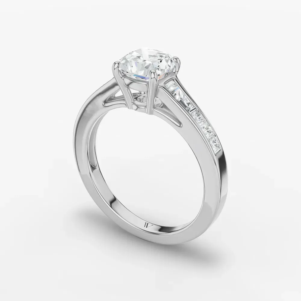 Certified 1 carat Lab Grown Diamond Cushion Cut Channel Set, Baguette, Cathedral Engagement Ring in 14K White Gold-Gwynv