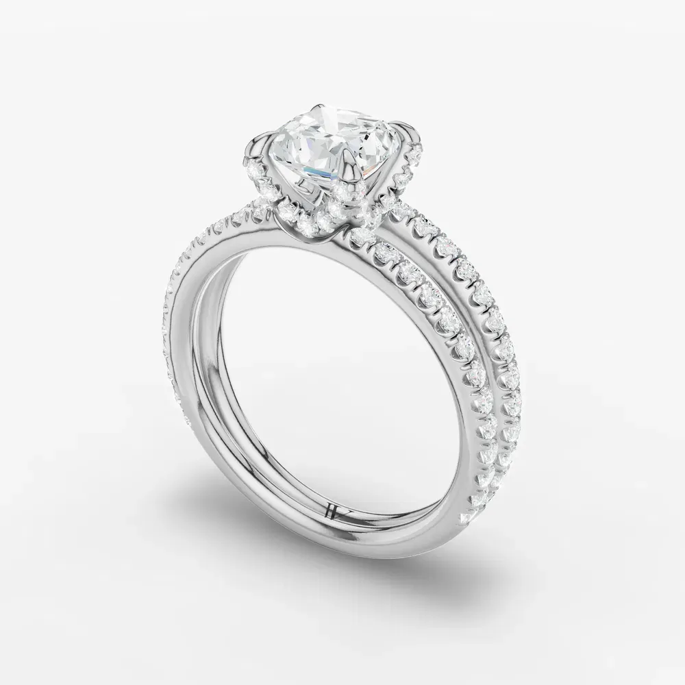 Certified 1 carat Lab Grown Diamond Cushion Cut Pavé, Split Shank, Hidden Halo Engagement Ring in 14K White Gold-Soren