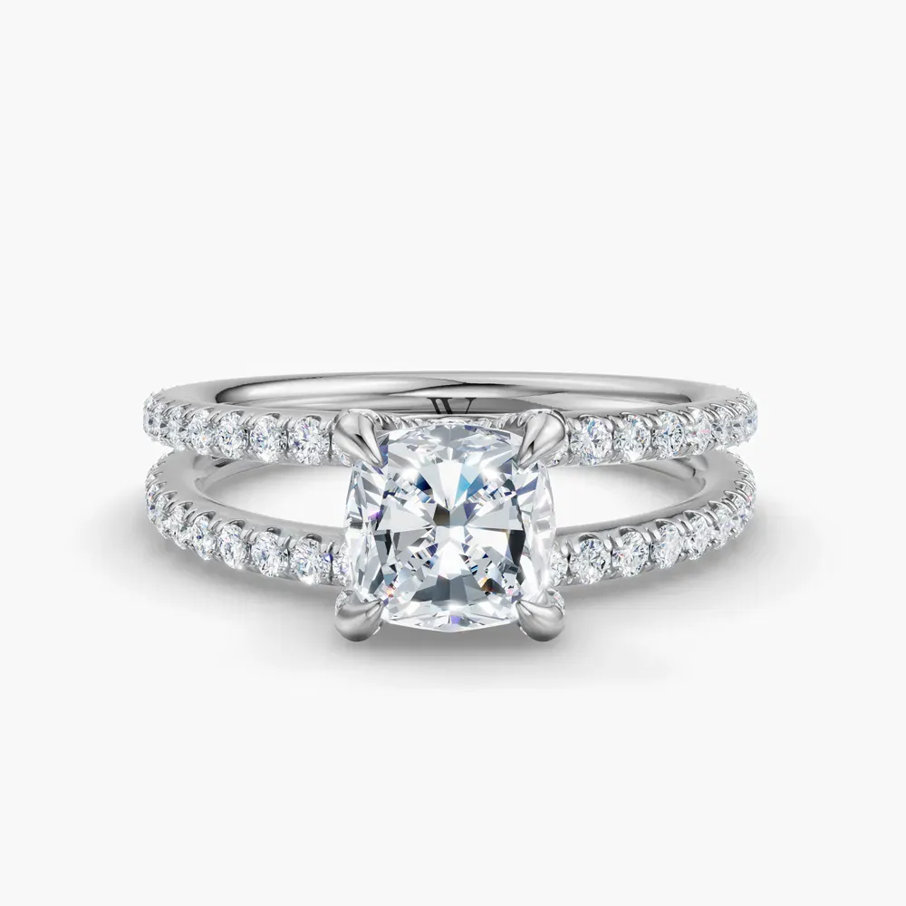 Certified 1 carat Lab Grown Diamond Cushion Cut Pavé, Split Shank, Hidden Halo Engagement Ring in 14K White Gold-Soren