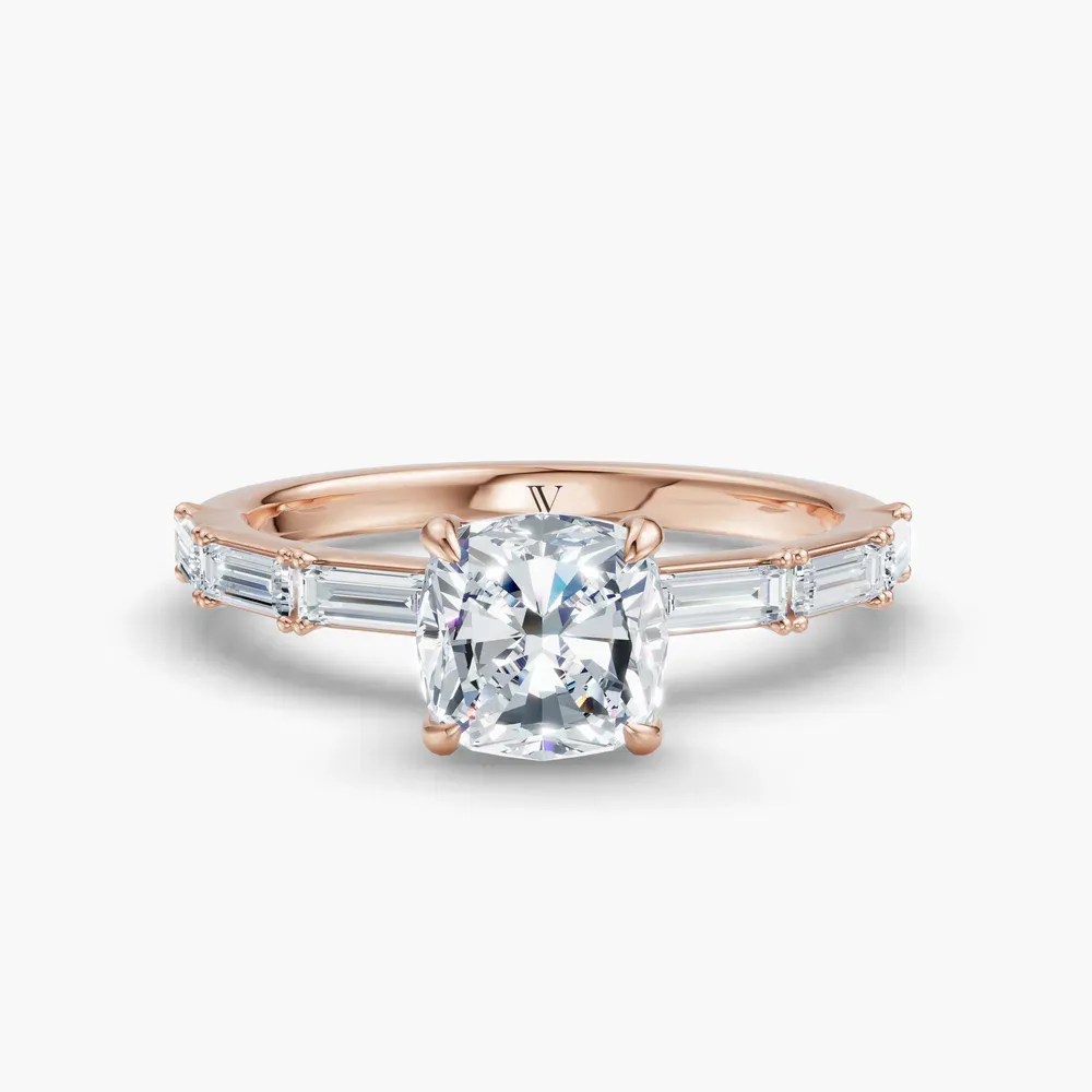 Certified 1 carat Lab Grown Diamond Cushion Cut Baguette, Side Stone Engagement Ring in 14K Rose Gold-Lunark