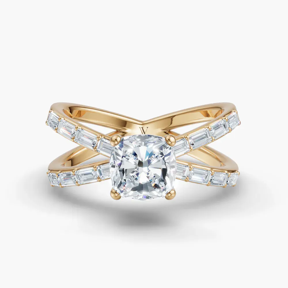 Certified 1 carat Lab Grown Diamond Cushion Cut Baguette, Unique, Split Shank Engagement Ring in 14K Yellow Gold-Luminara