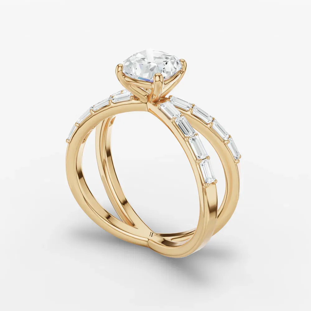 Certified 1 carat Lab Grown Diamond Cushion Cut Baguette, Unique, Split Shank Engagement Ring in 14K Yellow Gold-Luminara