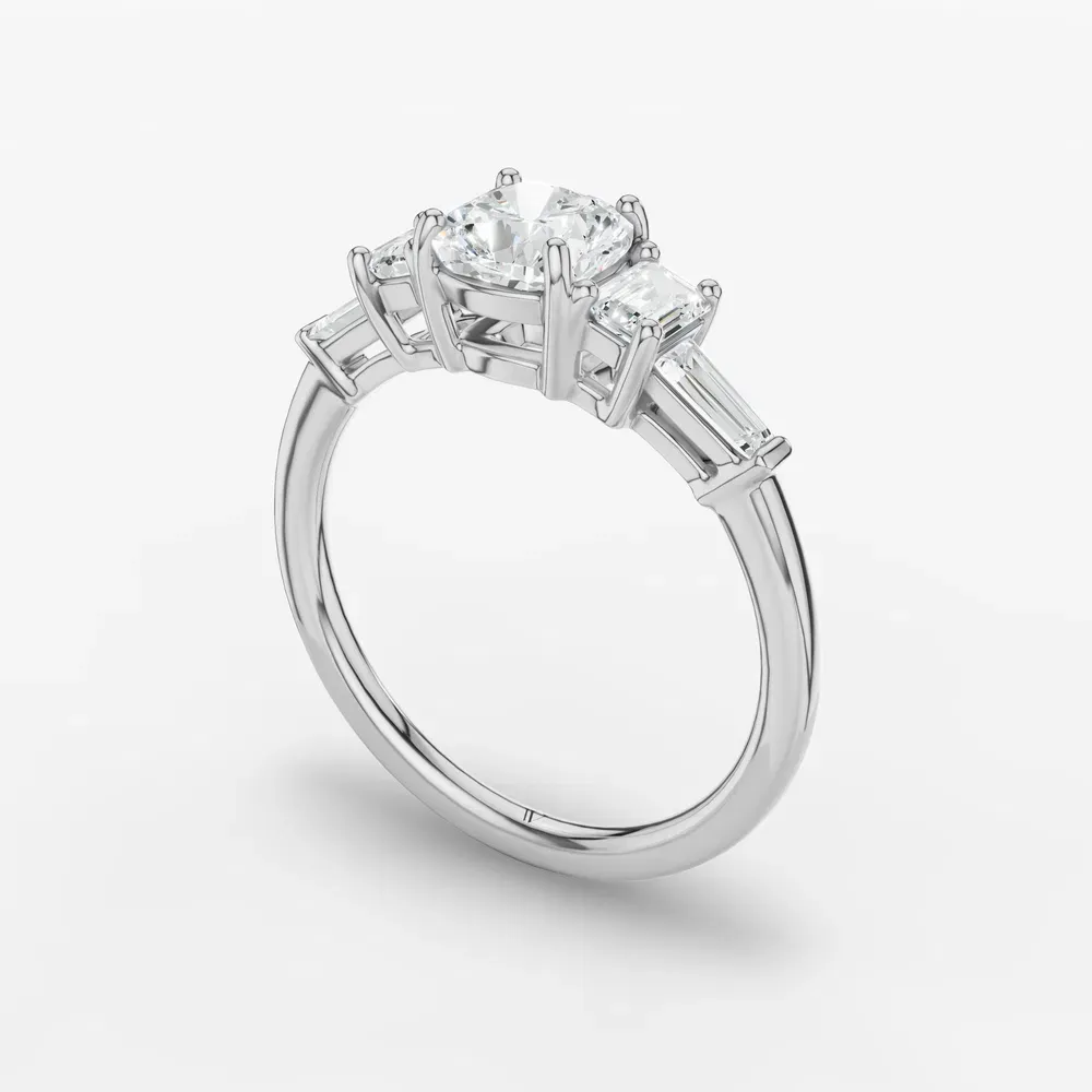 Certified 1 carat Lab Grown Diamond Cushion Cut Five Stone, Baguette, Art Deco Engagement Ring in 14K White Gold-Olume