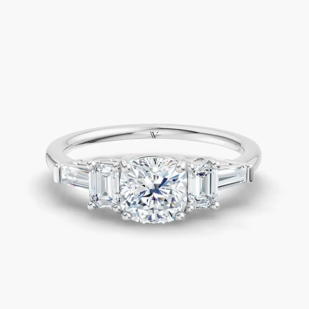 Certified 1 carat Lab Grown Diamond Cushion Cut Five Stone, Baguette, Art Deco Engagement Ring in 14K White Gold-Olume