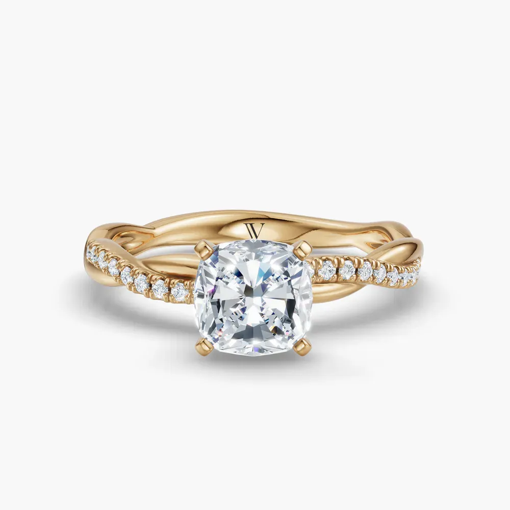 Certified 1 carat Lab Grown Diamond Cushion Cut Pavé, Twist, Infinity Engagement Ring in 14K Yellow Gold-Obliq