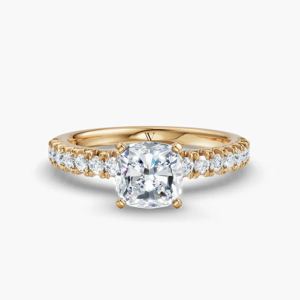 Certified 1 carat Lab Grown Diamond Cushion Cut Pavé, Classic, Simple Engagement Ring in 14K Yellow Gold-Nela