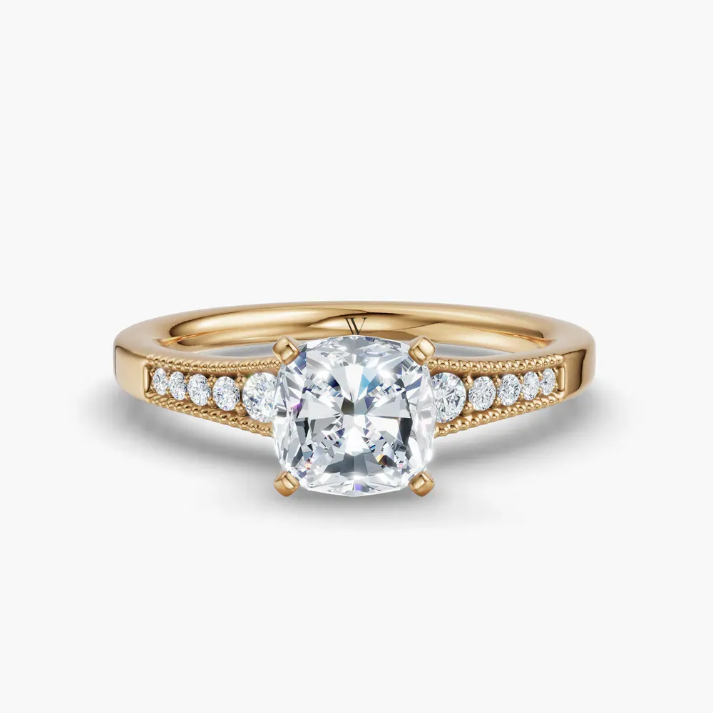 Certified 1 carat Lab Grown Diamond Cushion Cut Milgrain, Pavé, Side Stone Engagement Ring in 14K Yellow Gold-Rosca
