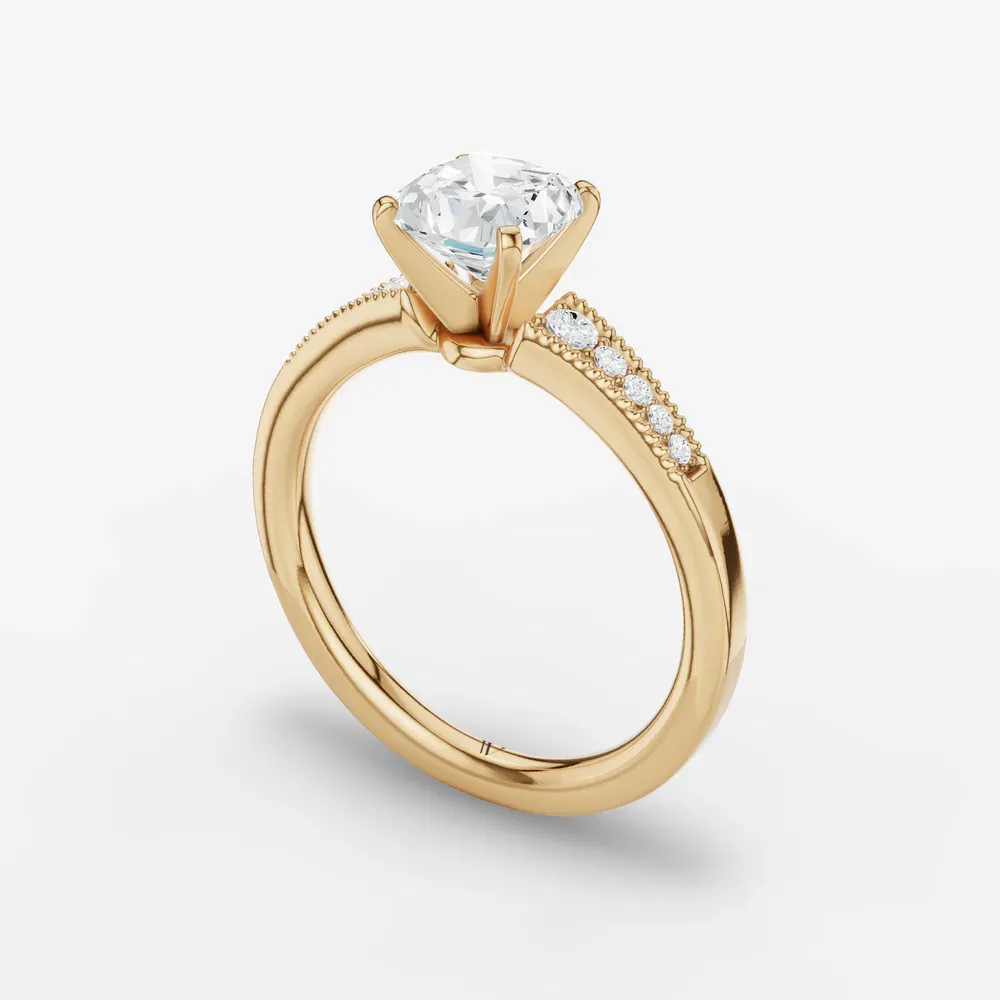 Certified 1 carat Lab Grown Diamond Cushion Cut Milgrain, Pavé, Side Stone Engagement Ring in 14K Yellow Gold-Rosca