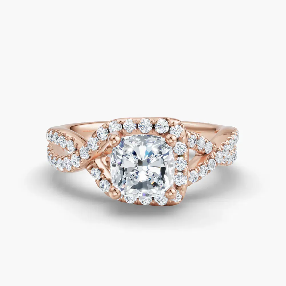 Certified 1 carat Lab Grown Diamond Cushion Cut Unique, Pavé, Halo Engagement Ring in 14K Rose Gold-Stellune