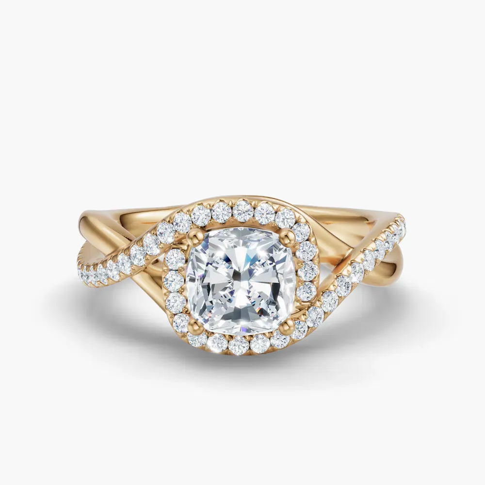 Certified 1 carat Lab Grown Diamond Cushion Cut Halo, Pavé, Twist Engagement Ring in 14K Yellow Gold-Dell