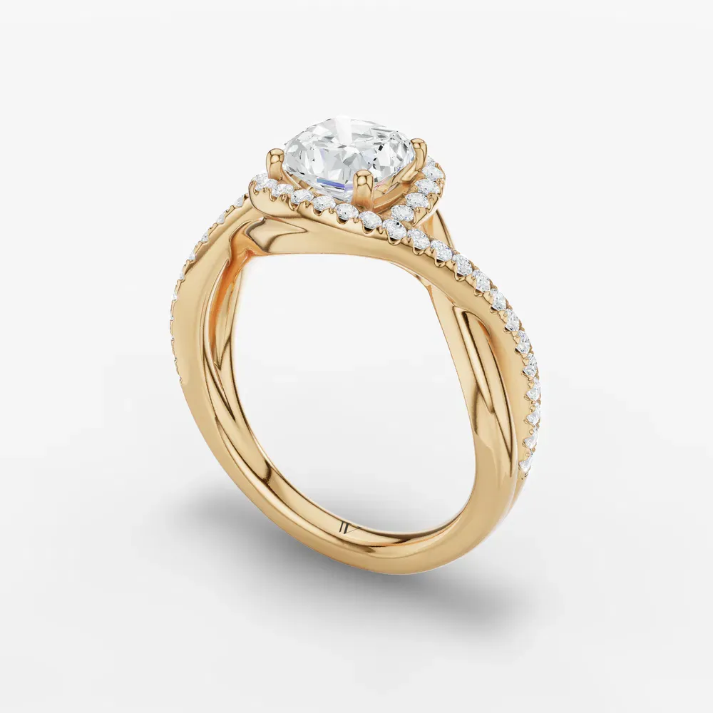 Certified 1 carat Lab Grown Diamond Cushion Cut Halo, Pavé, Twist Engagement Ring in 14K Yellow Gold-Dell