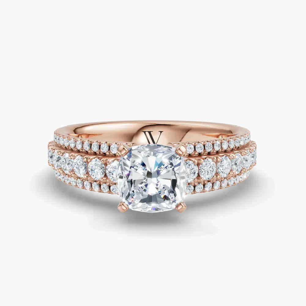 Certified 1 carat Lab Grown Diamond Cushion Cut Pavé Engagement Ring in 14K Rose Gold-Riven