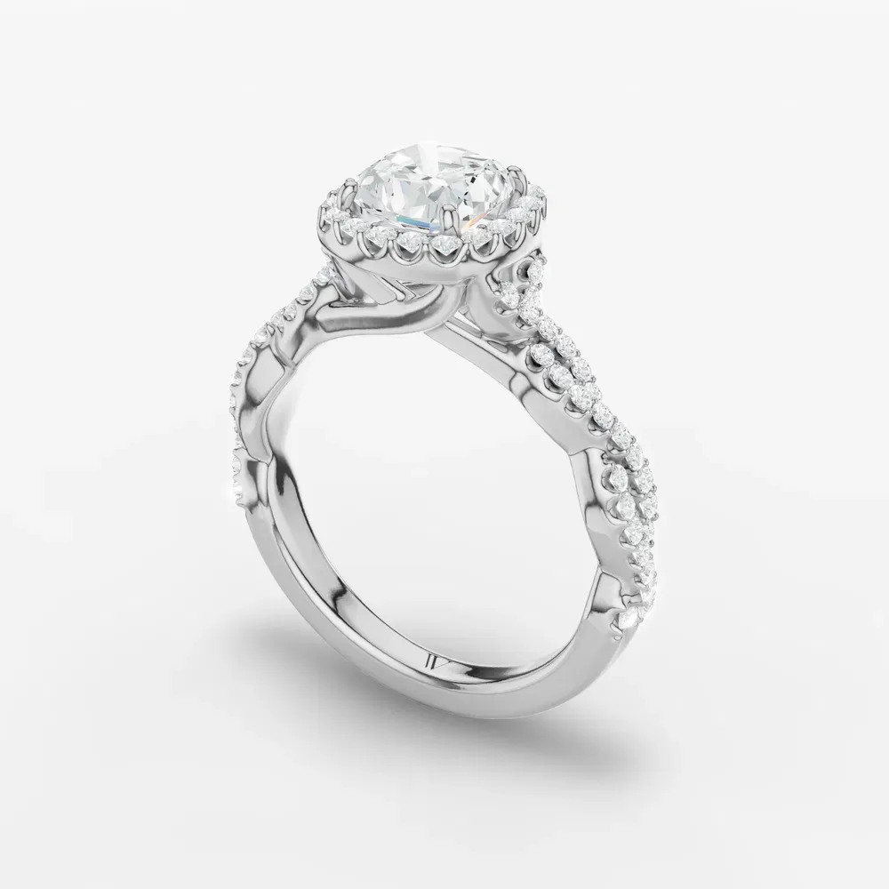 Certified 1 carat Lab Grown Diamond Cushion Cut Halo, Pavé, Twist Engagement Ring in 14K White Gold-Meraki