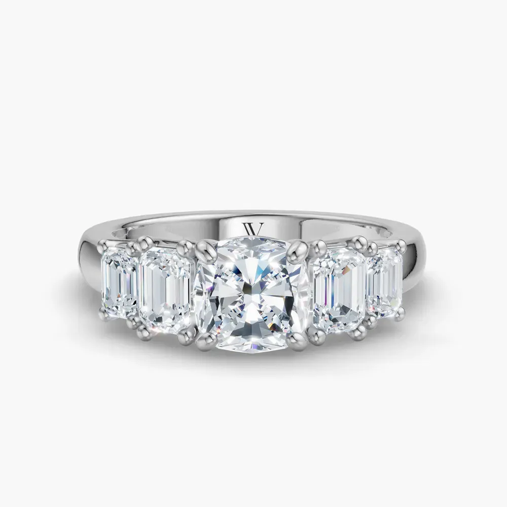 Certified 1 carat Lab Grown Diamond Cushion Cut Five Stone, Side Stone Engagement Ring in 14K White Gold-Osvh