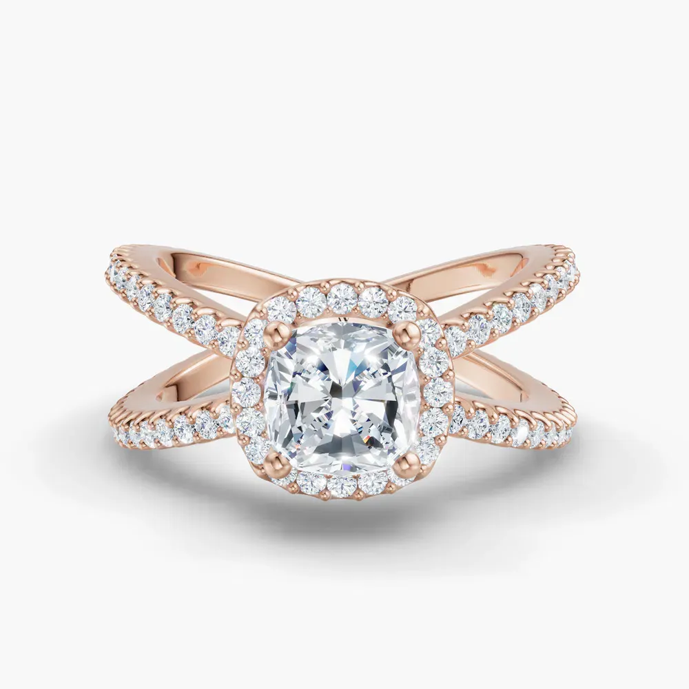 Certified 1 carat Lab Grown Diamond Cushion Cut Pavé, Halo, Split Shank Engagement Ring in 14K Rose Gold-Xylius
