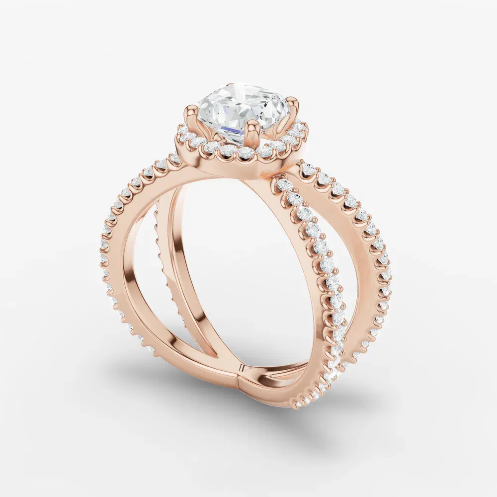 Certified 1 carat Lab Grown Diamond Cushion Cut Pavé, Halo, Split Shank Engagement Ring in 14K Rose Gold-Xylius